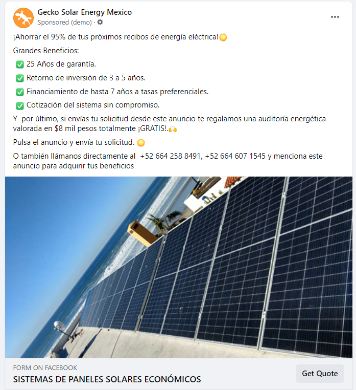 imagen de anuncio en facebook ads para paneles solares para hogares de gecko solar energy por autocultivo