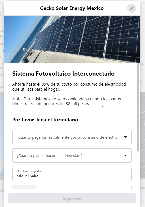 imagen de formulario para anuncios de paneles solares para hogares en facebook ads de gecko solar energy por autocultivo