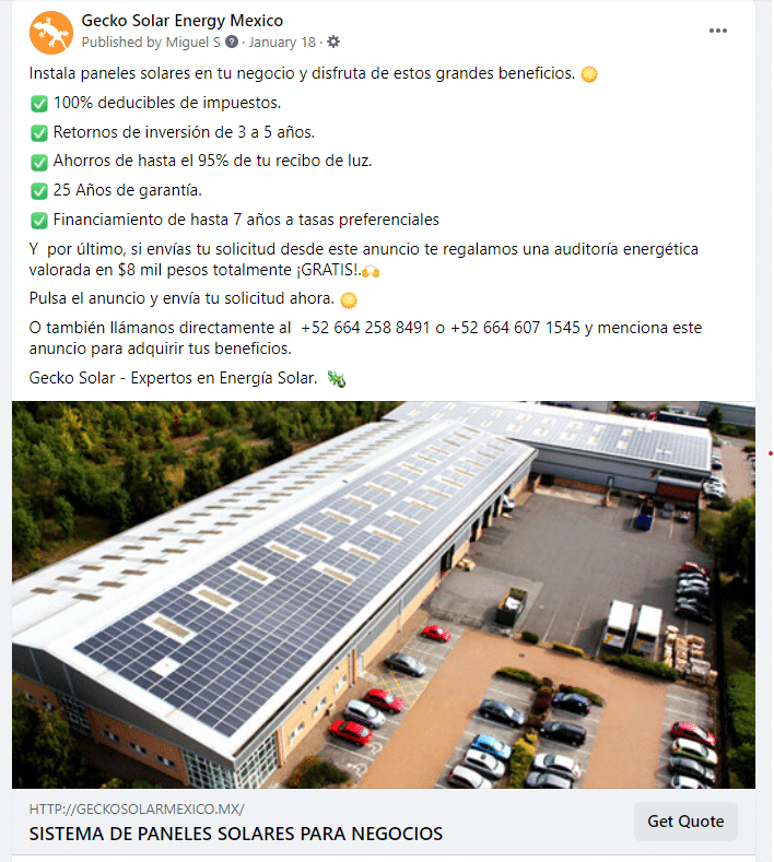 imagen de anuncio en facebook ads para paneles solares para negocios de gecko solar energy por autocultivo