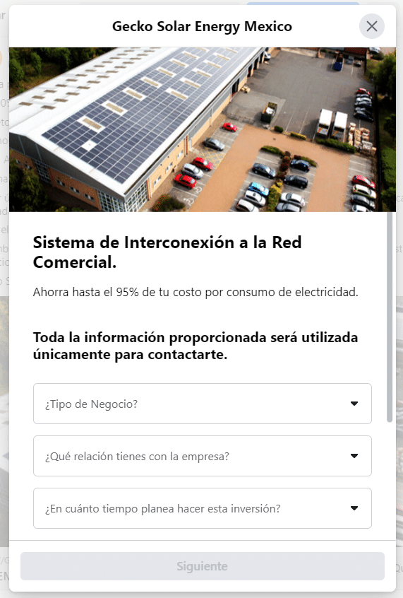 imagen de formulario para anuncios de paneles solares para negocios en facebook ads de gecko solar energy por autocultivo