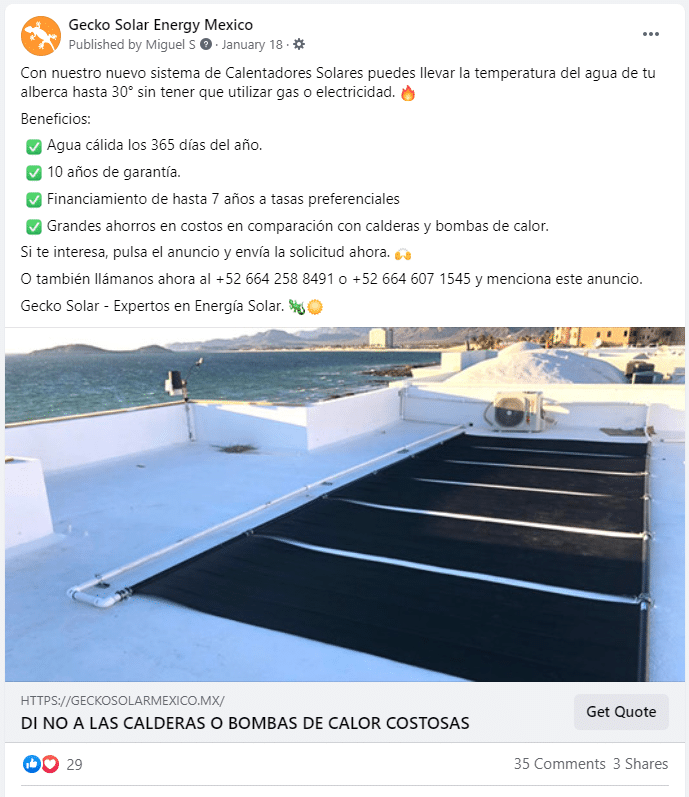 imagen de anuncio en facebook ads para calentadores solares para albercas de gecko solar energy por autocultivo