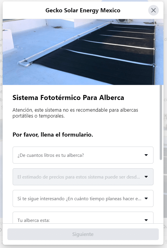 imagen formulario para anuncios de calentadores solares para albercas en facebook ads de gecko solar energy por autocultivo