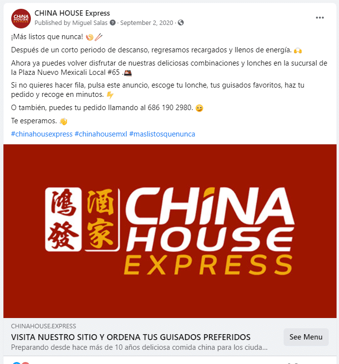 imagen de anuncio de china house express en facebook ads para ver menu en linea por autocultivo marketing