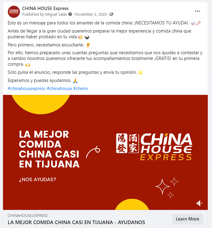 imagen de anuncio de china house express en facebook ads para comprar en sitio web por autocultivo marketing